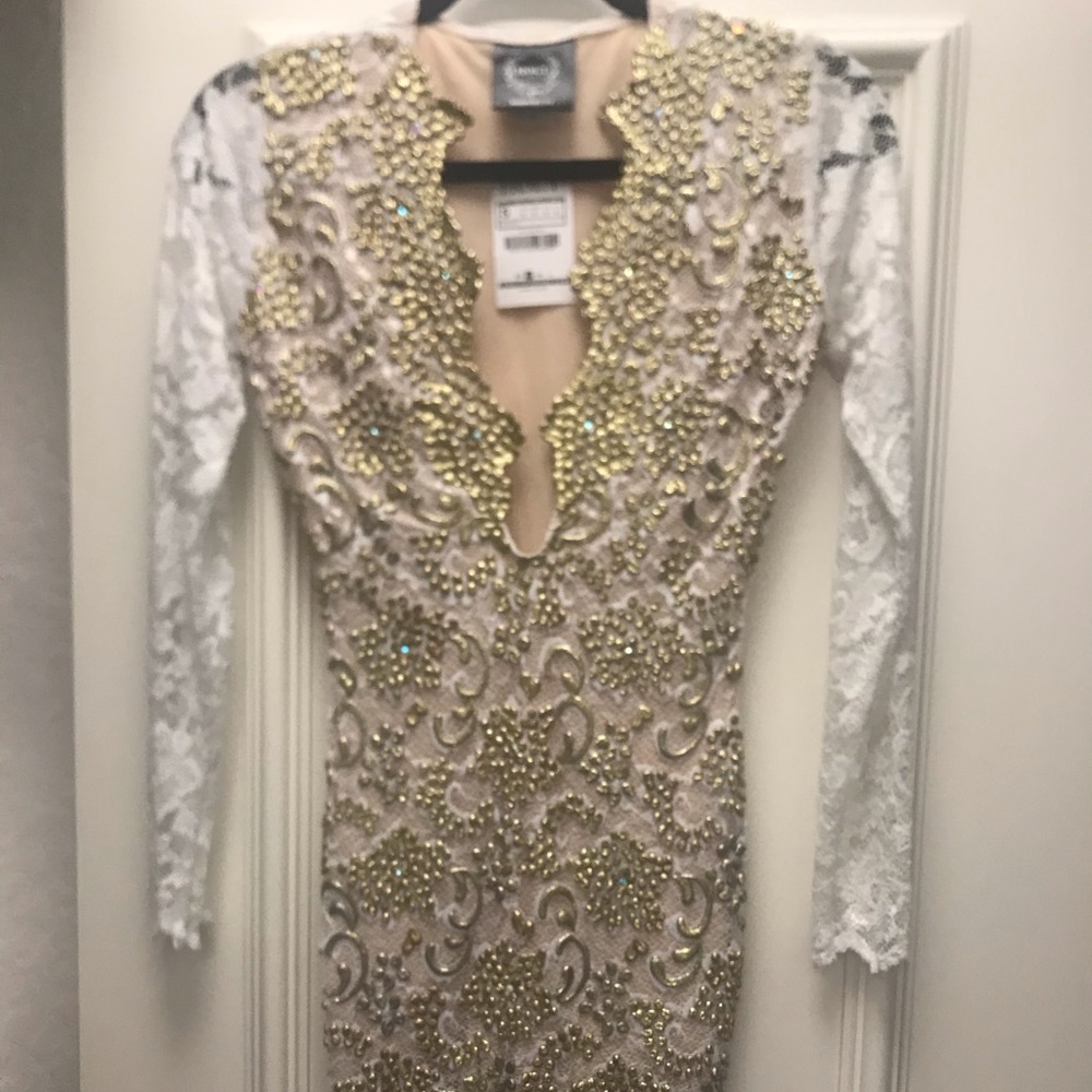 Holt low-cut lace mini dress - GOLD & White